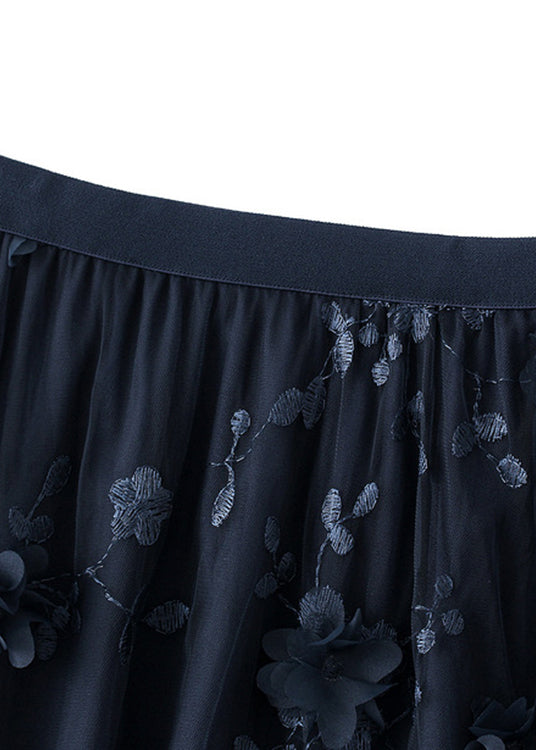 Black Embroideried Elastic Waist Tulle a Line Skirts Spring
