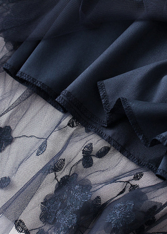 Black Embroideried Elastic Waist Tulle a Line Skirts Spring