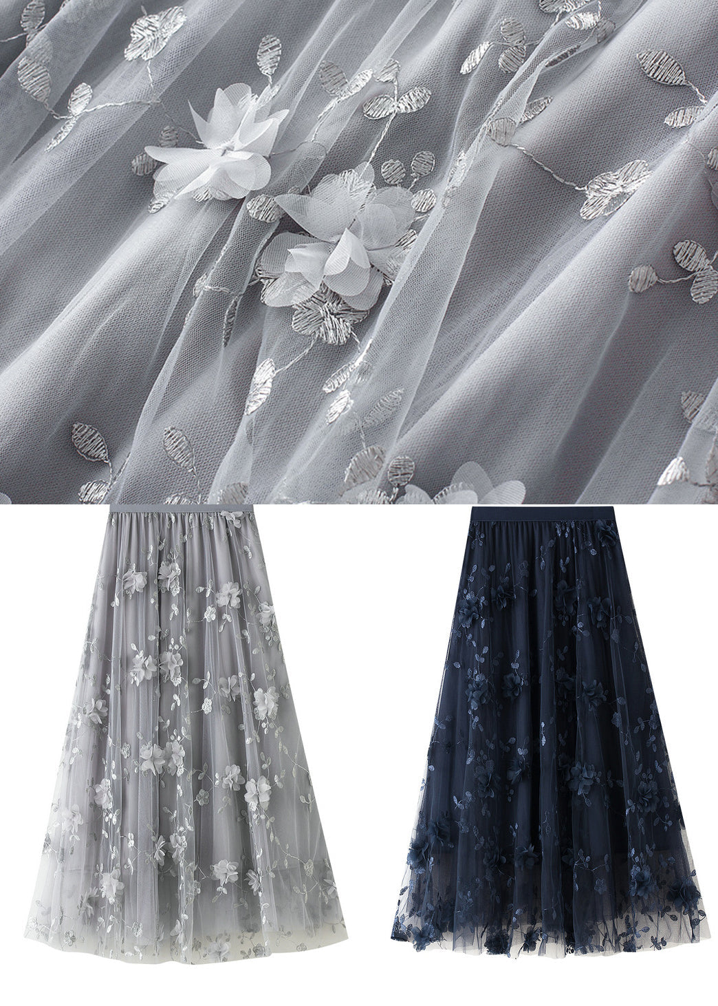 Black Embroideried Elastic Waist Tulle a Line Skirts Spring