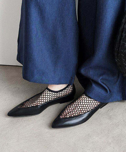 Black Flat Shoes Tulle Splicing Cowhide Leather Pointed Toe