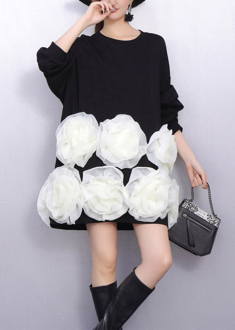 Black Decorated Cotton Mid Dresses Oversized Spring