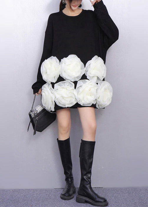 Black Decorated Cotton Mid Dresses Oversized Spring