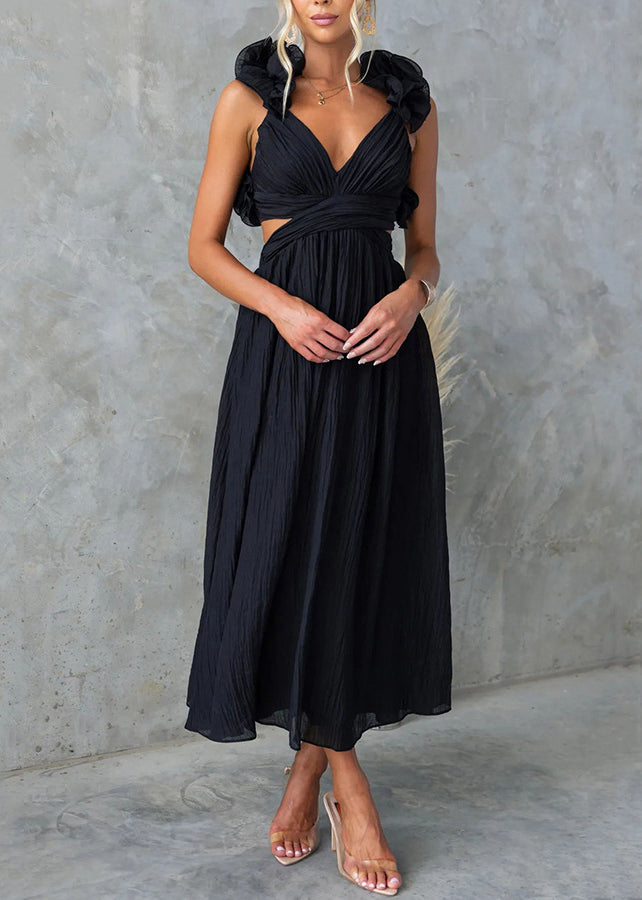Black Elastic Waist Cotton Long Dresses V Neck Sleeveless