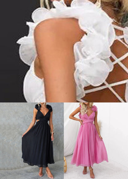 Black Elastic Waist Cotton Long Dresses V Neck Sleeveless
