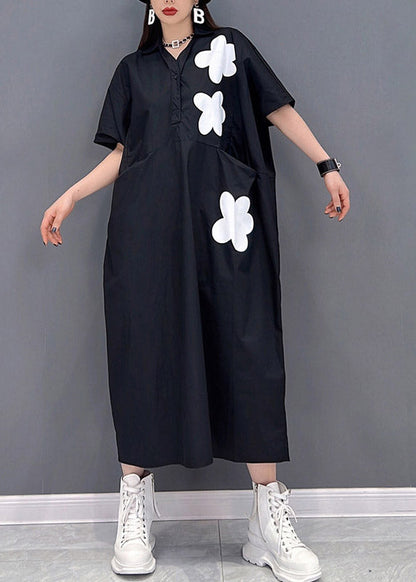 Black Patchwork Pockets Button Dress Short Sleeve