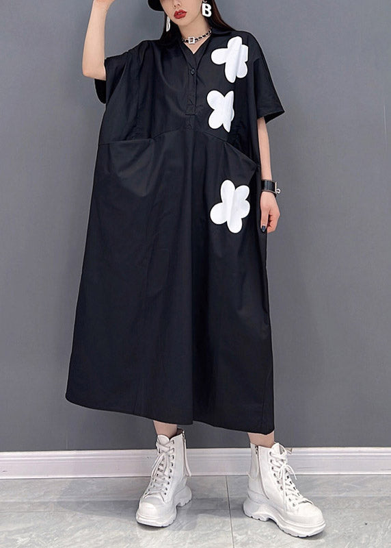 Black Patchwork Pockets Button Dress Short Sleeve