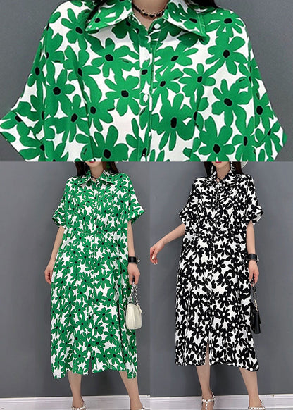 Black Print Cotton Long Dresses Turn-down Collar Short Sleeve