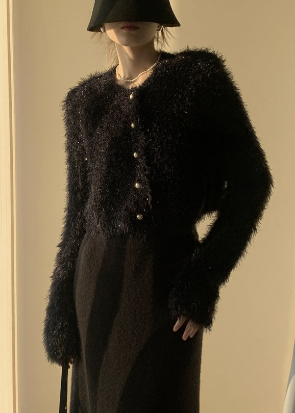 Black Fluffy Knit Cardigan O-neck Spring