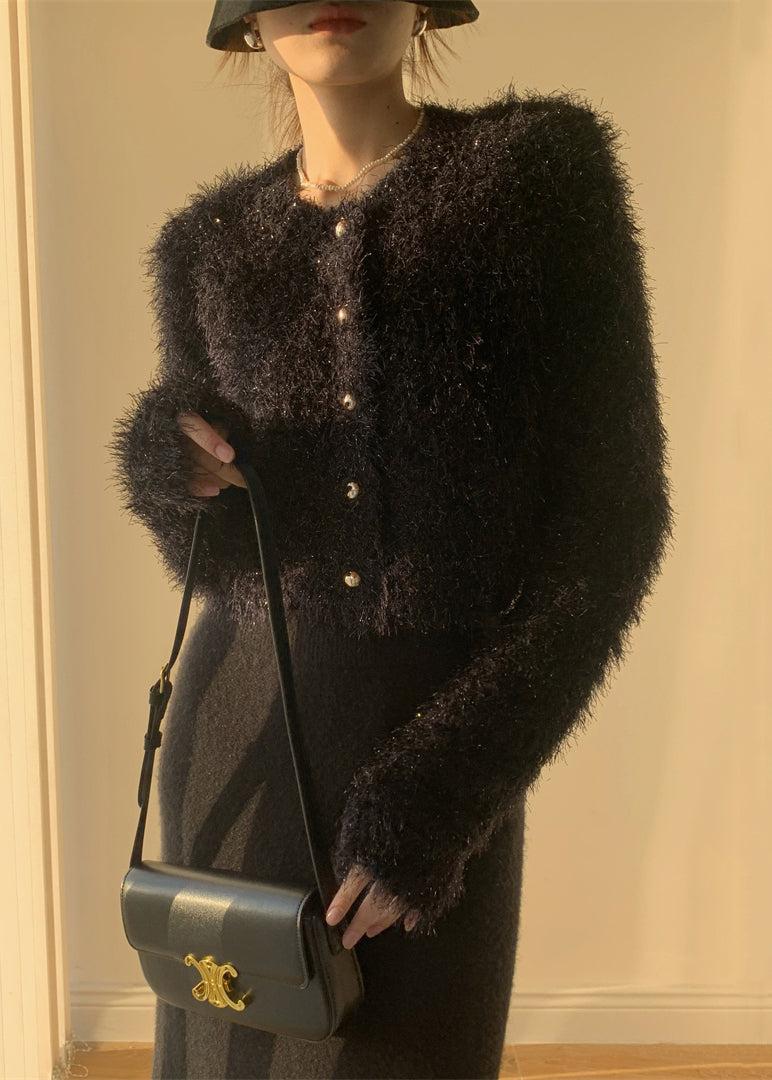 Black Fluffy Knit Cardigan O-neck Spring