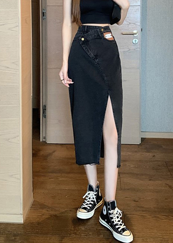 Black High Waist Pockets Button Denim a Line Skirt