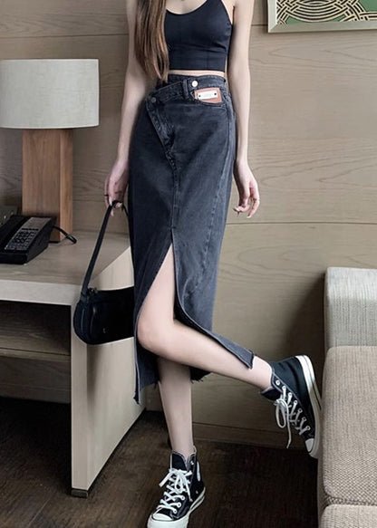 Black High Waist Pockets Button Denim a Line Skirt