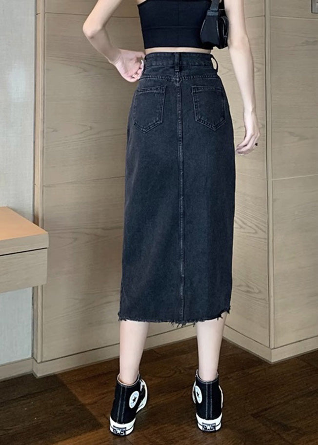 Black High Waist Pockets Button Denim a Line Skirt