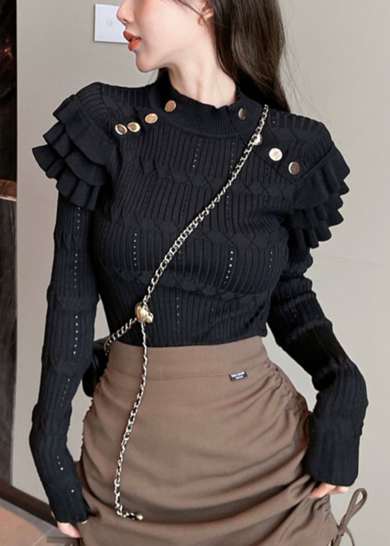 Black Hollow Out Knit Sweater Ruffled Winter
