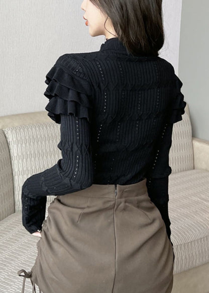 Black Hollow Out Knit Sweater Ruffled Winter