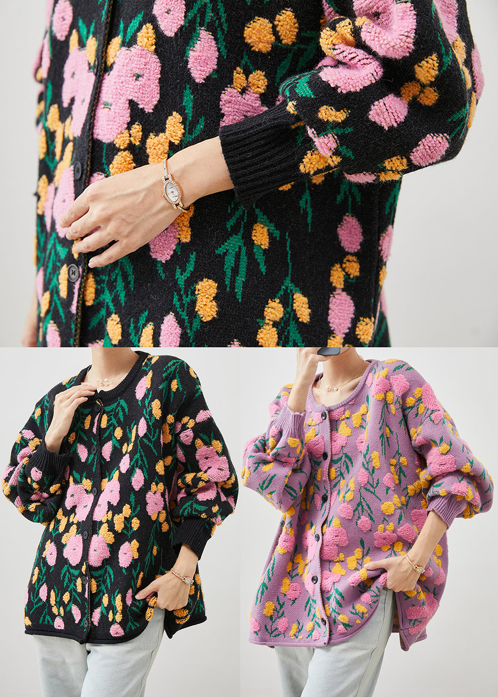Black Jacquard Knit Cardigan O-neck Winter