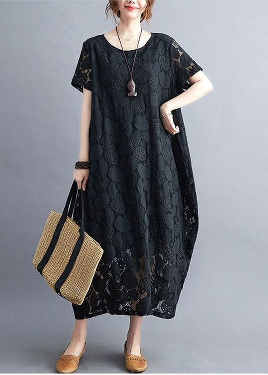 Black Lace a Line Dress O-neck Hollow Out Summer