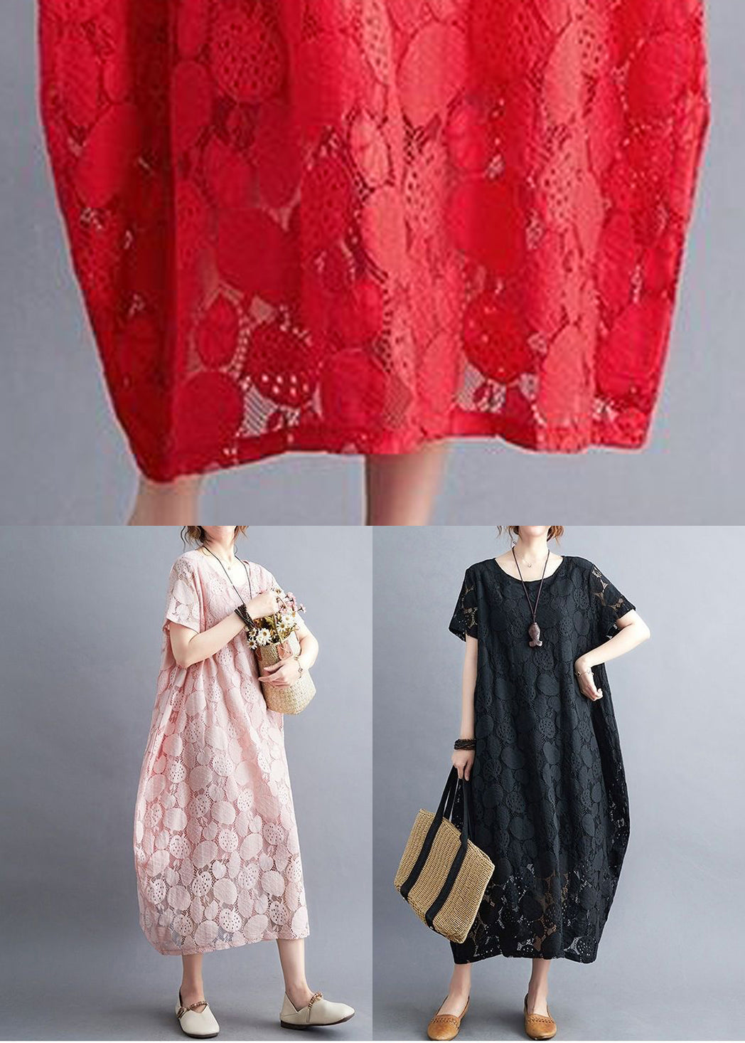 Black Lace a Line Dress O-neck Hollow Out Summer