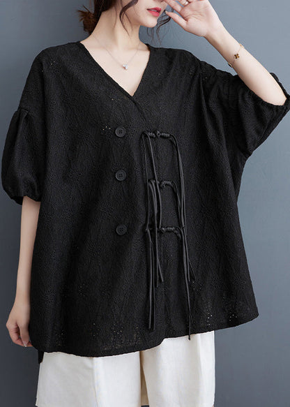 Black Low High Design Button Lace Top Short Sleeve