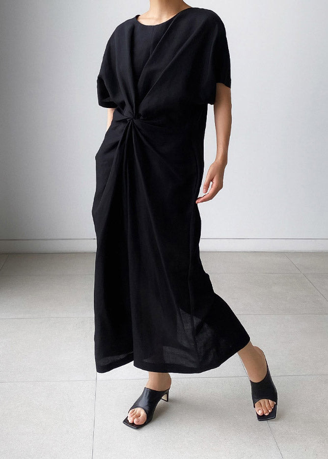 Black O-neck Bowknot Long Dress Short Sleeve