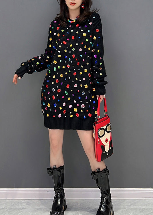 Black O-neck Bright Diamond Knit Mid Dress Winter