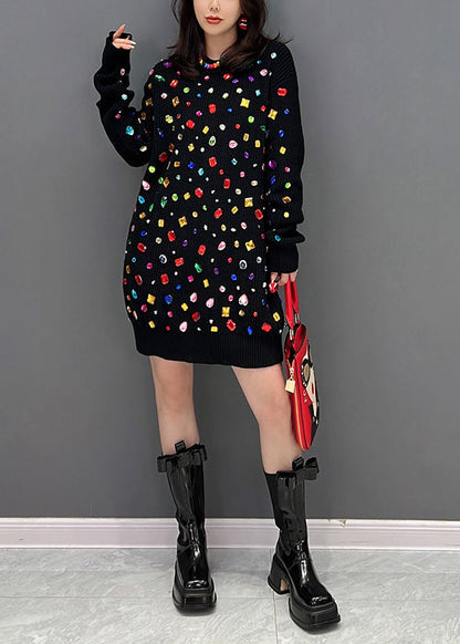 Black O-neck Bright Diamond Knit Mid Dress Winter
