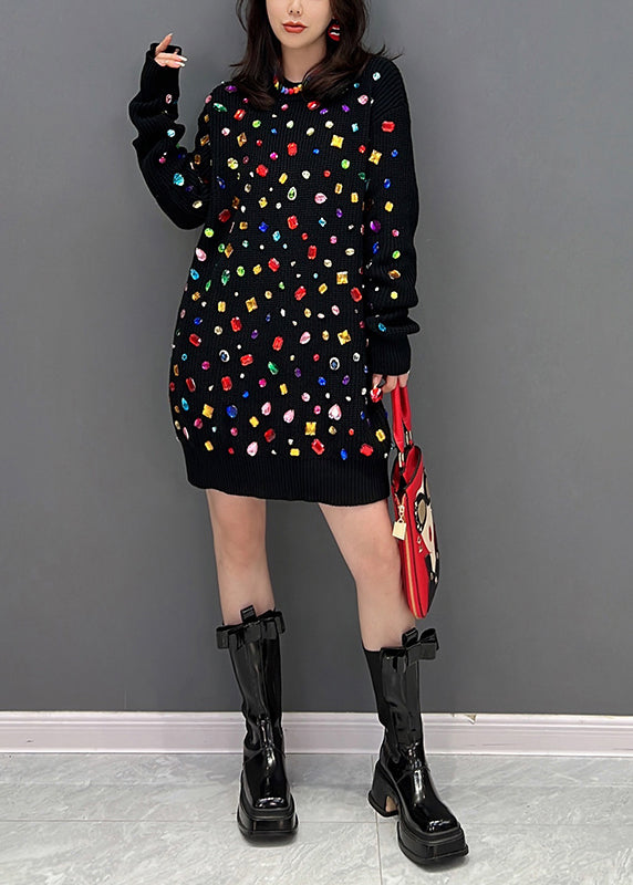 Black O-neck Bright Diamond Knit Mid Dress Winter