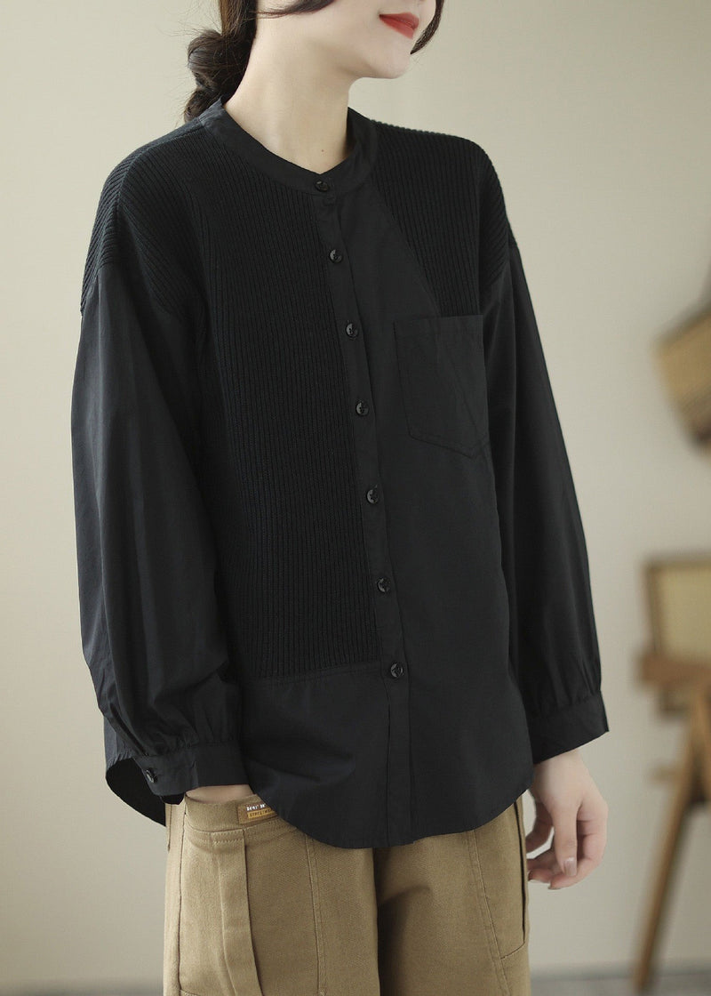 Black O-neck Button Cotton Tops Long Sleeve