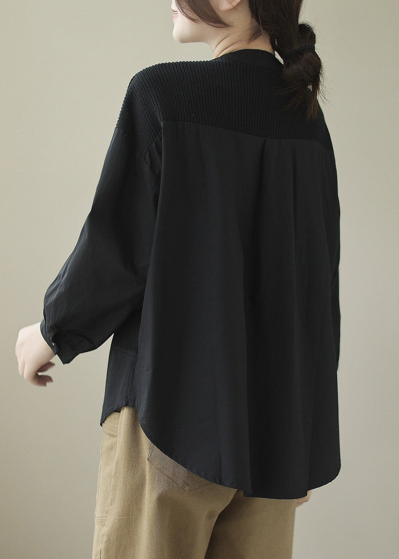 Black O-neck Button Cotton Tops Long Sleeve