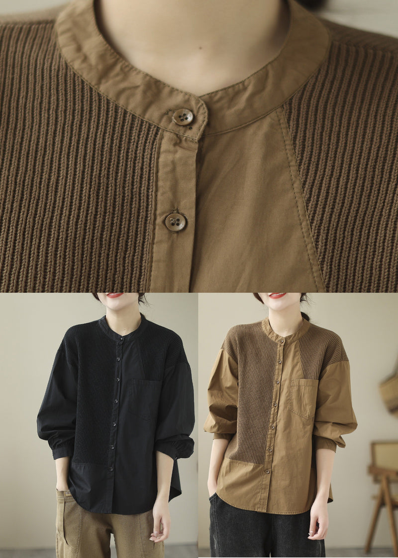 Black O-neck Button Cotton Tops Long Sleeve
