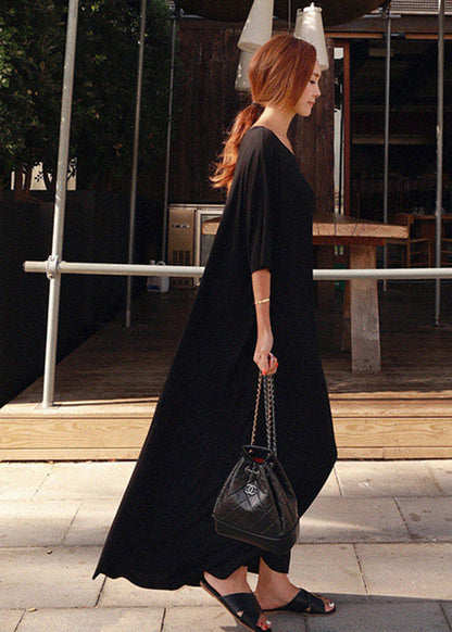 Black O-neck Cotton Ankle Dress Short Sleeve