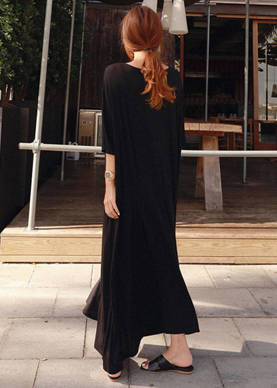 Black O-neck Cotton Ankle Dress Short Sleeve