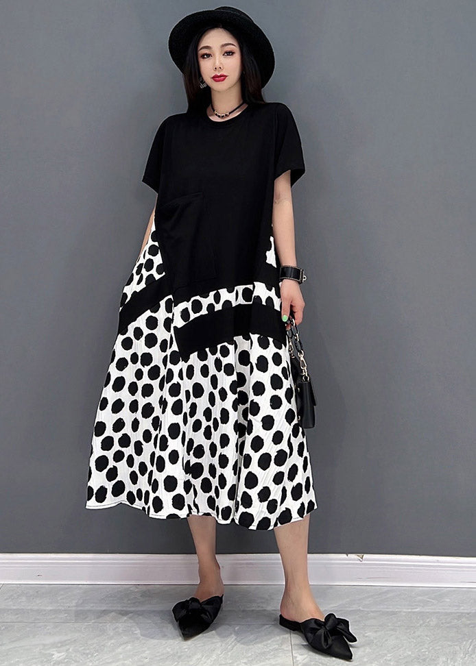 Black O-neck Dot Maxi Dresses Short Sleeve