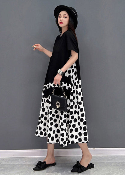Black O-neck Dot Maxi Dresses Short Sleeve