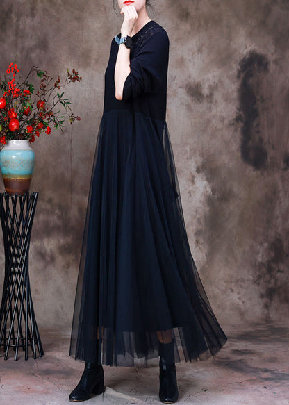 Black O-neck Hollow Out Knit Dress Long Sleeve