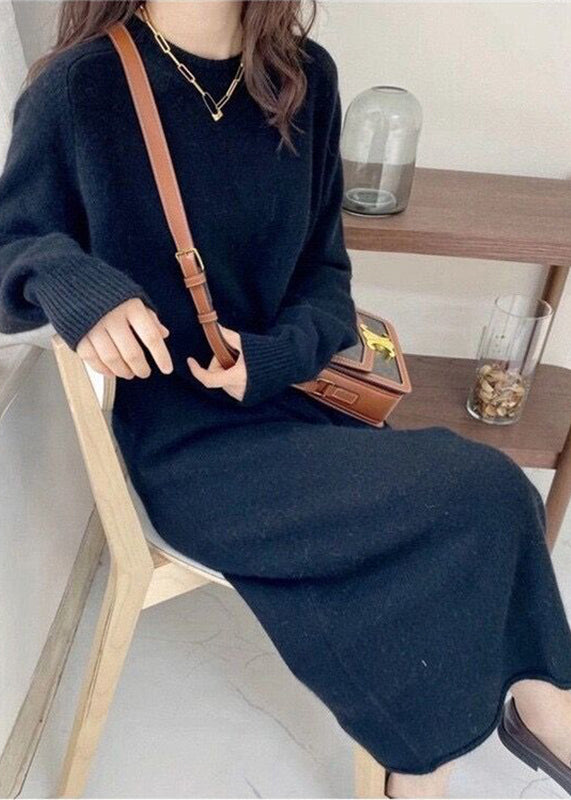 Black O-neck Maxi Cashmere Knit Dress Long Sleeve