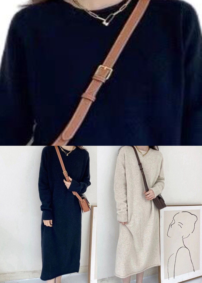 Black O-neck Maxi Cashmere Knit Dress Long Sleeve