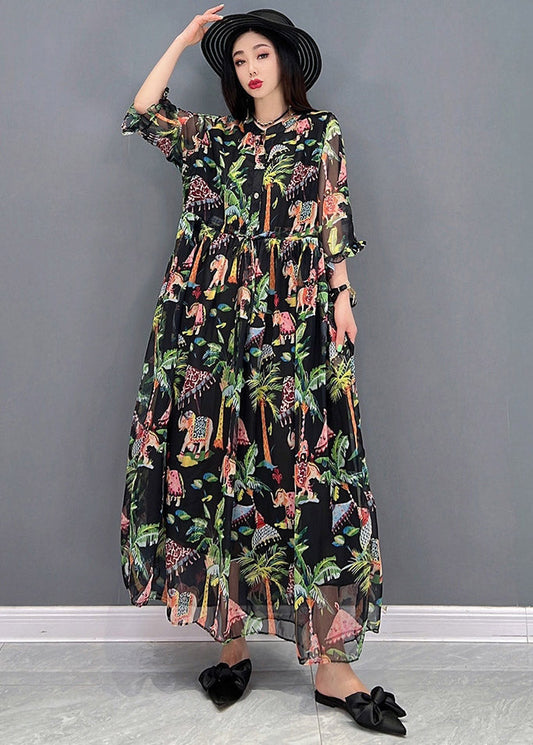 Black O-neck Patchwork Button Chiffon Dresses Short Sleeve