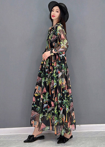 Black O-neck Patchwork Button Chiffon Dresses Short Sleeve