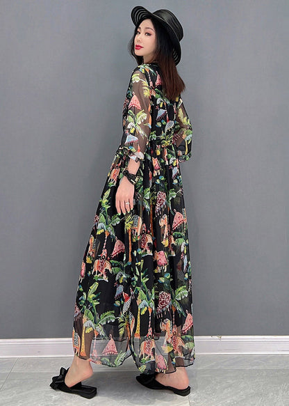 Black O-neck Patchwork Button Chiffon Dresses Short Sleeve