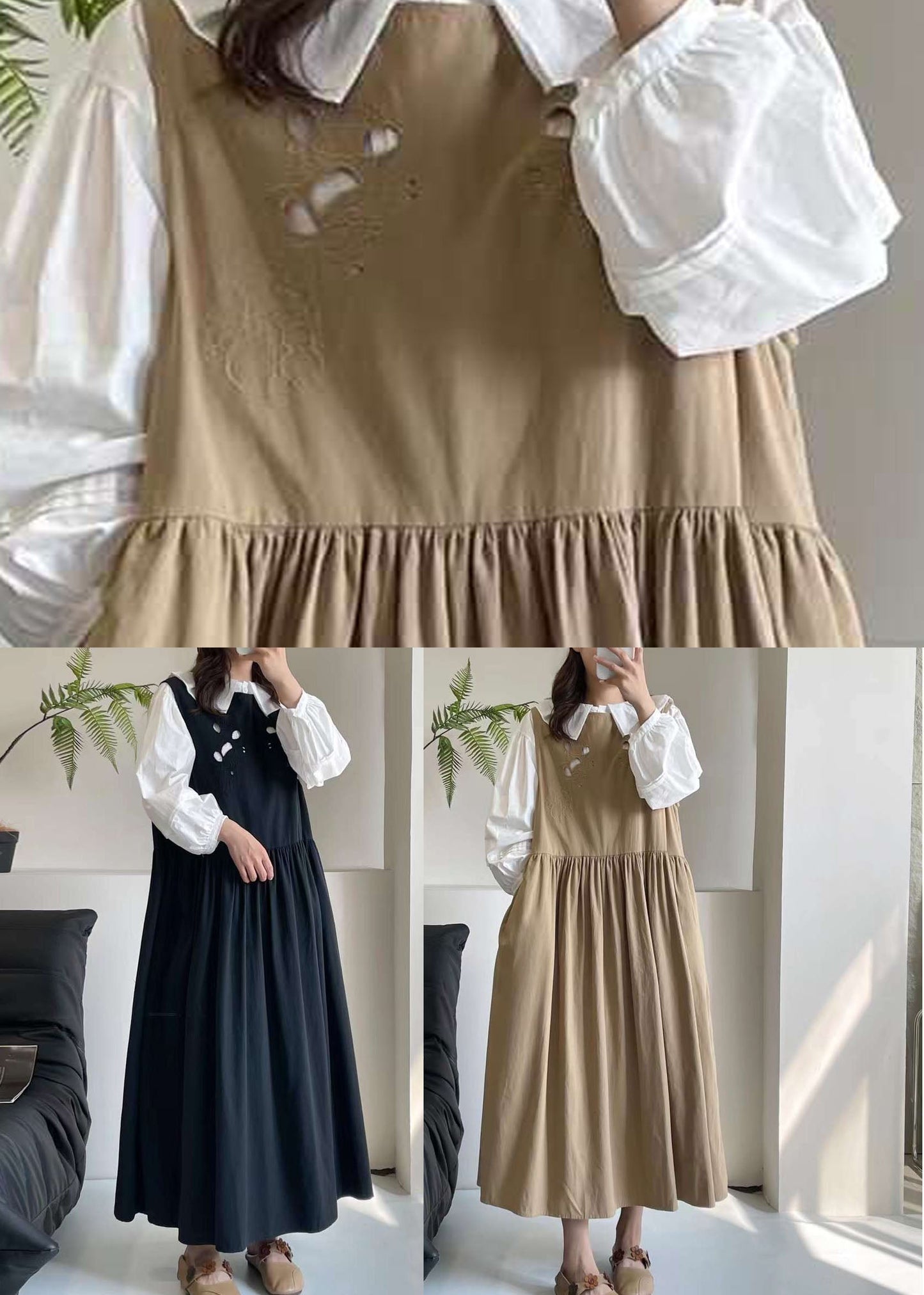 Black O-neck Patchwork Wrinkled Maxi Dress Summer