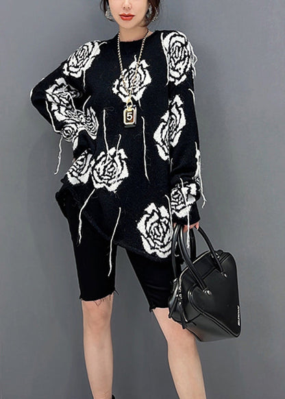 Black O-neck Print Knit Sweater Fall