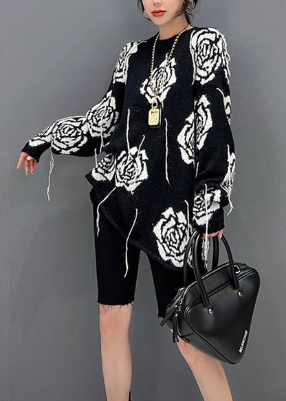 Black O-neck Print Knit Sweater Fall