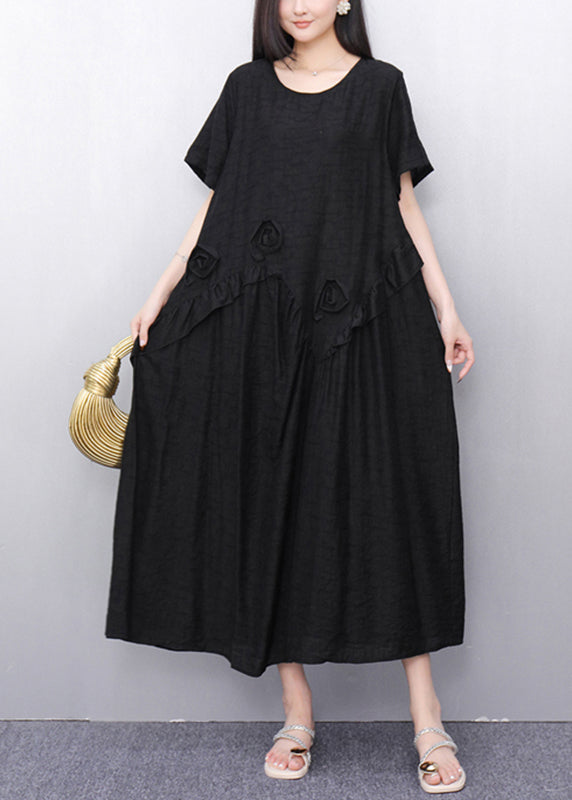 Black O-neck Long Dress Short Sleeve