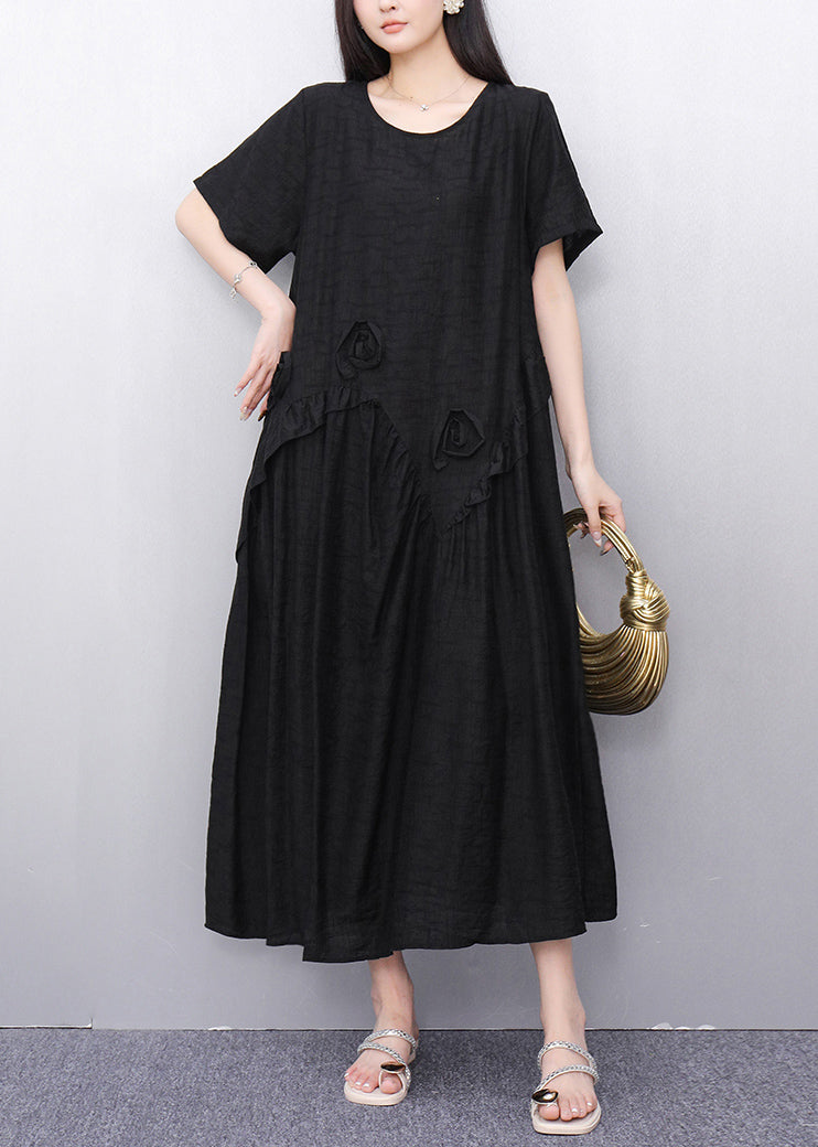 Black O-neck Long Dress Short Sleeve