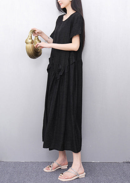 Black O-neck Long Dress Short Sleeve
