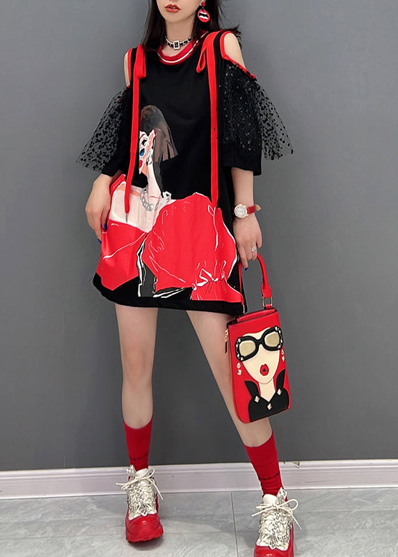 Black O-neck Tulle Patchwork Belle Mid Dress Half Sleeve