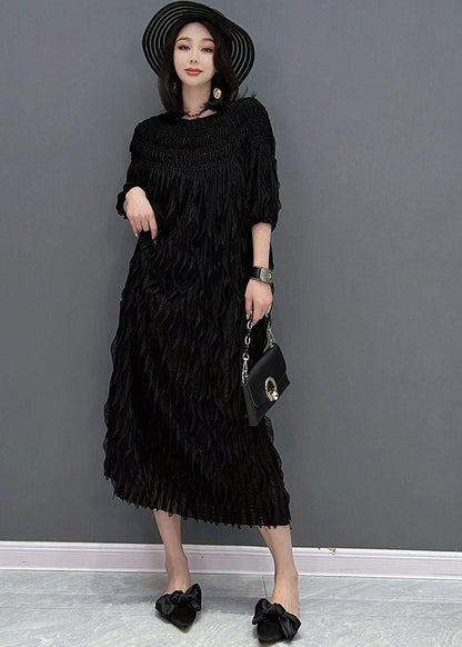 Black O-neck Wave Silk Long Dress Half Sleeve