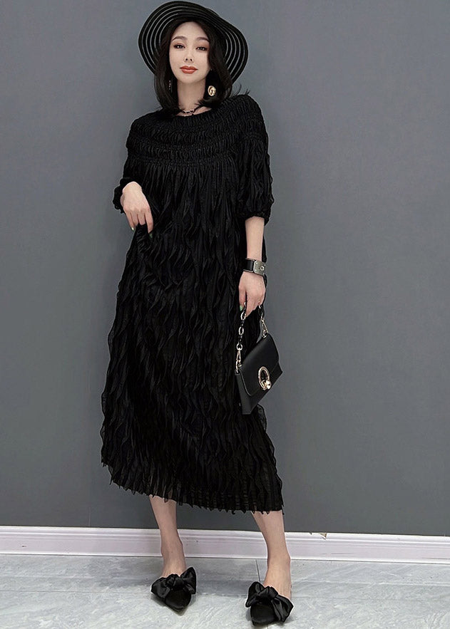 Black O-neck Wave Silk Long Dress Half Sleeve