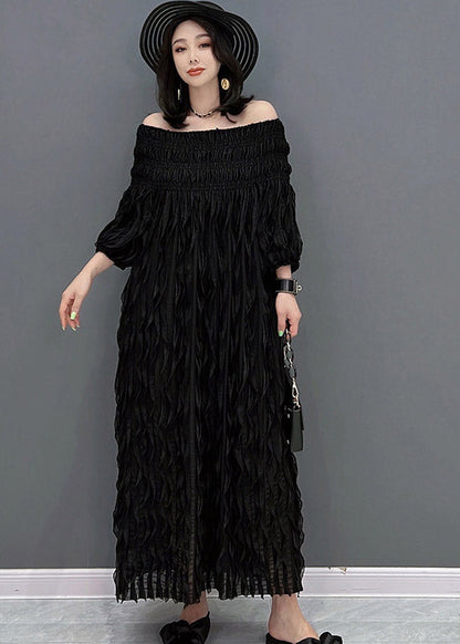 Black O-neck Wave Silk Long Dress Half Sleeve