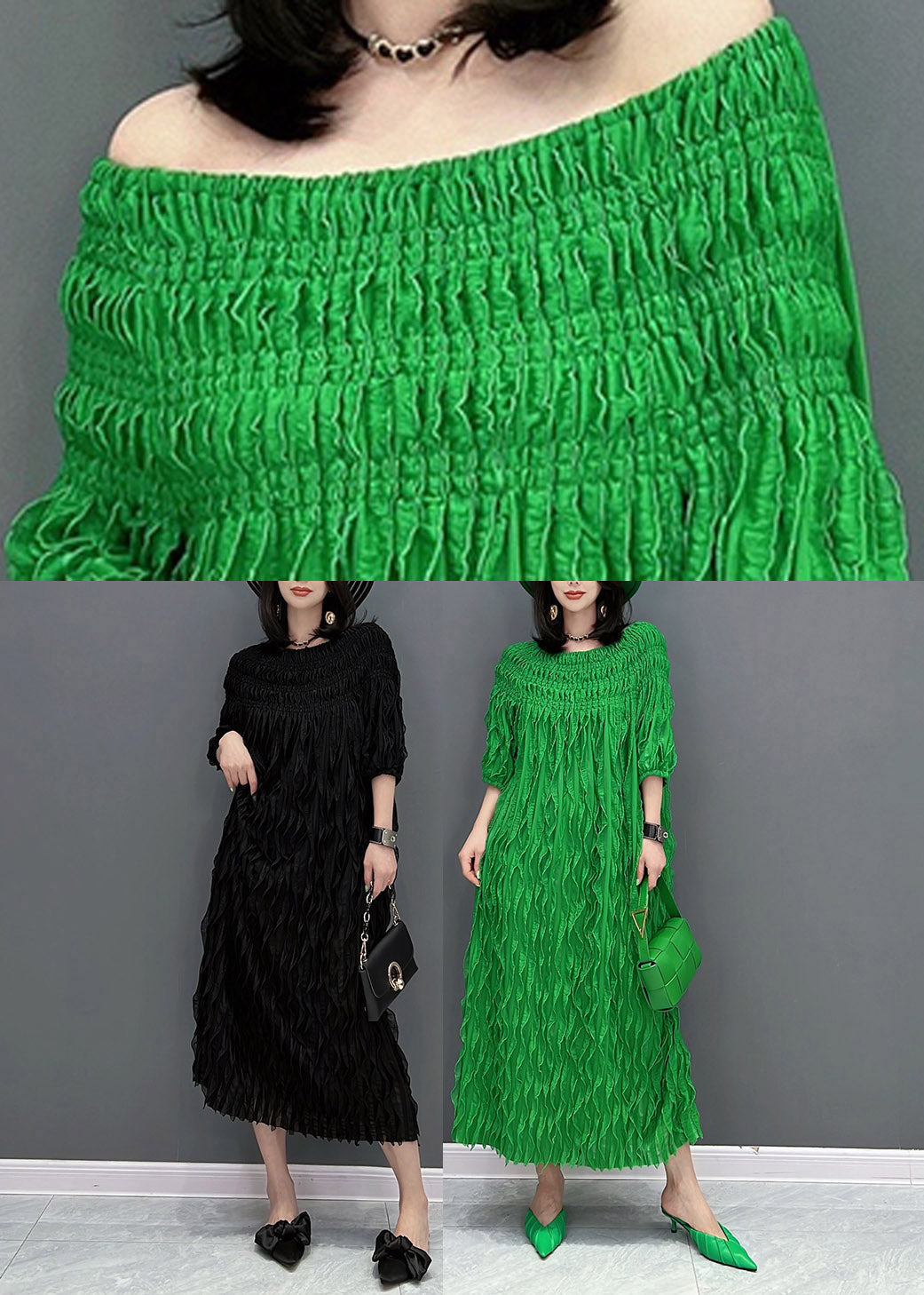 Black O-neck Wave Silk Long Dress Half Sleeve